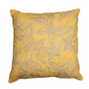 Pottery Barn Pillow Yellow Cotton with Crewel Embroidery Butterflies 20x20